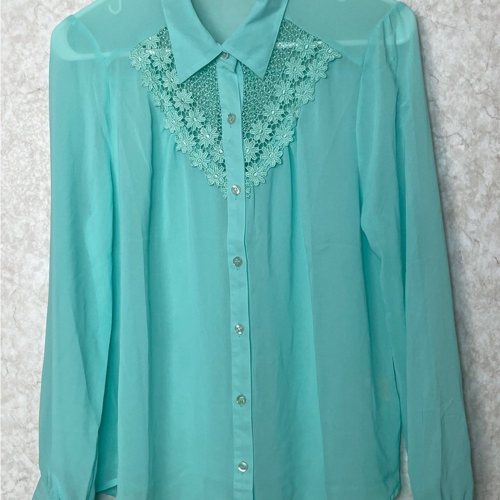 Sheer Long Sleeve Turquoise Blouse